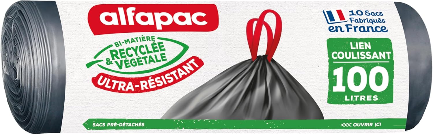 alfapac - 10 sacs-poubelle 100L à lien coulissant ultra-résistant - fabriqués en France - bi-matière recyclée & végétale