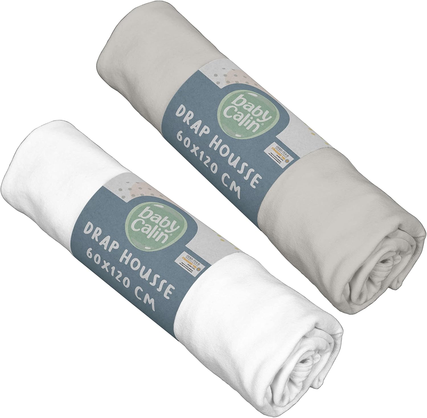 BabyCalin - Lot de 2 Draps housse Blanc/Gris Babycalin - 60 x 120 cm certifié OEKO-TEX