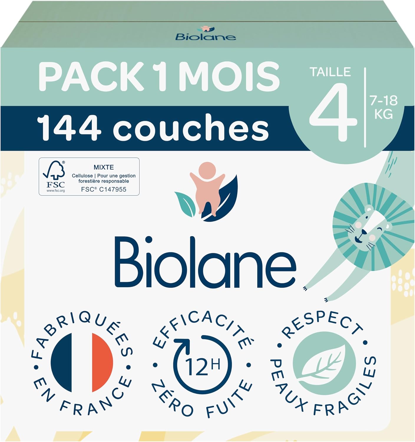 BIOLANE - Couches bébé taille 4 - (7-18 kg) - Peaux Sensibles - Ultra-Absorbant, Pas de Fuite, jusqu'à 12h au Sec - Confort & Protection - Pack 1 mois 144 couches - Fabriqué en France
