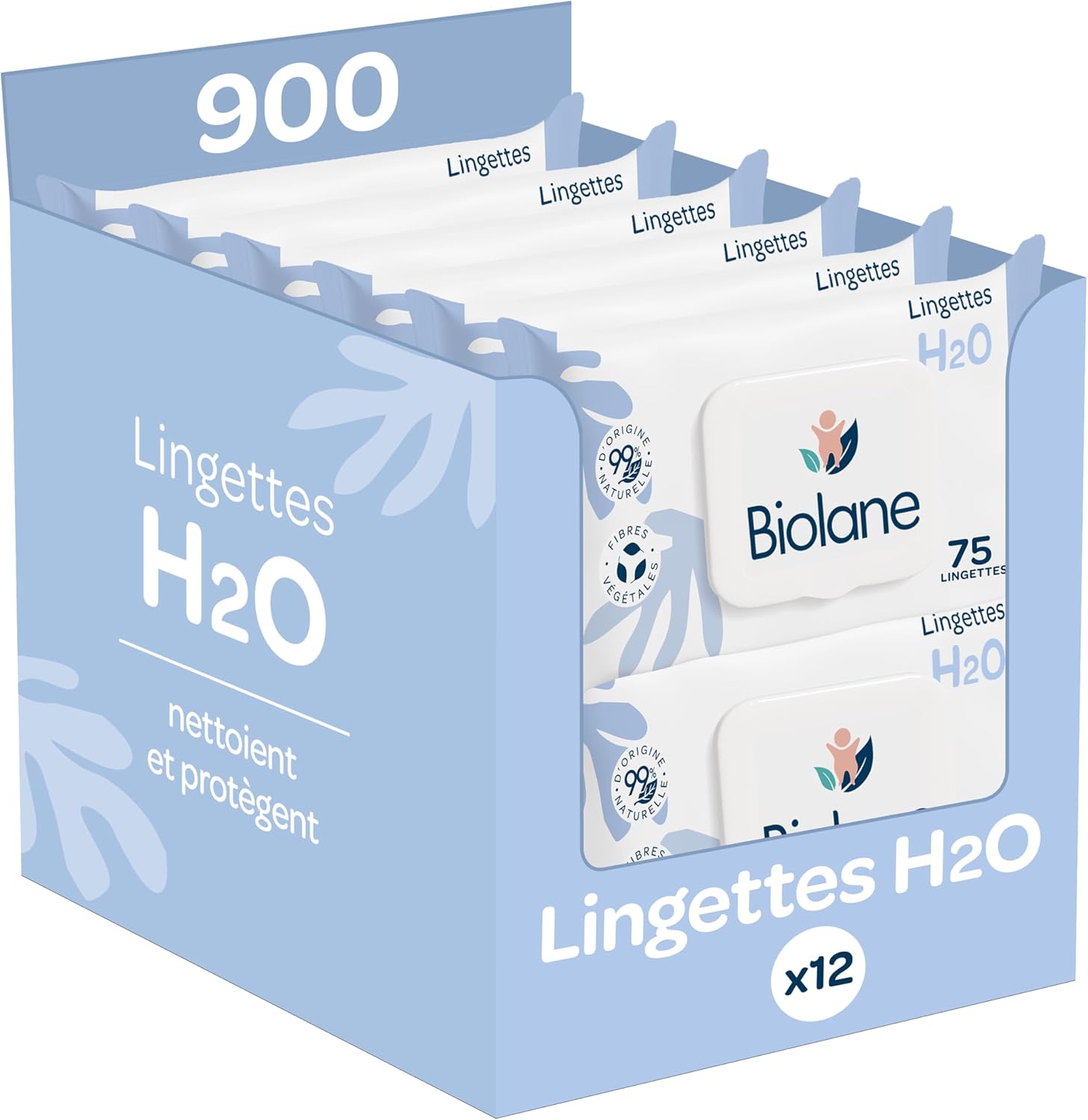 BIOLANE - Lingettes bébé à l'eau - 900 Lingettes - Lot de 12x75 - Nettoyage doux et efficace - Sans Rinçage - Dès la naissance