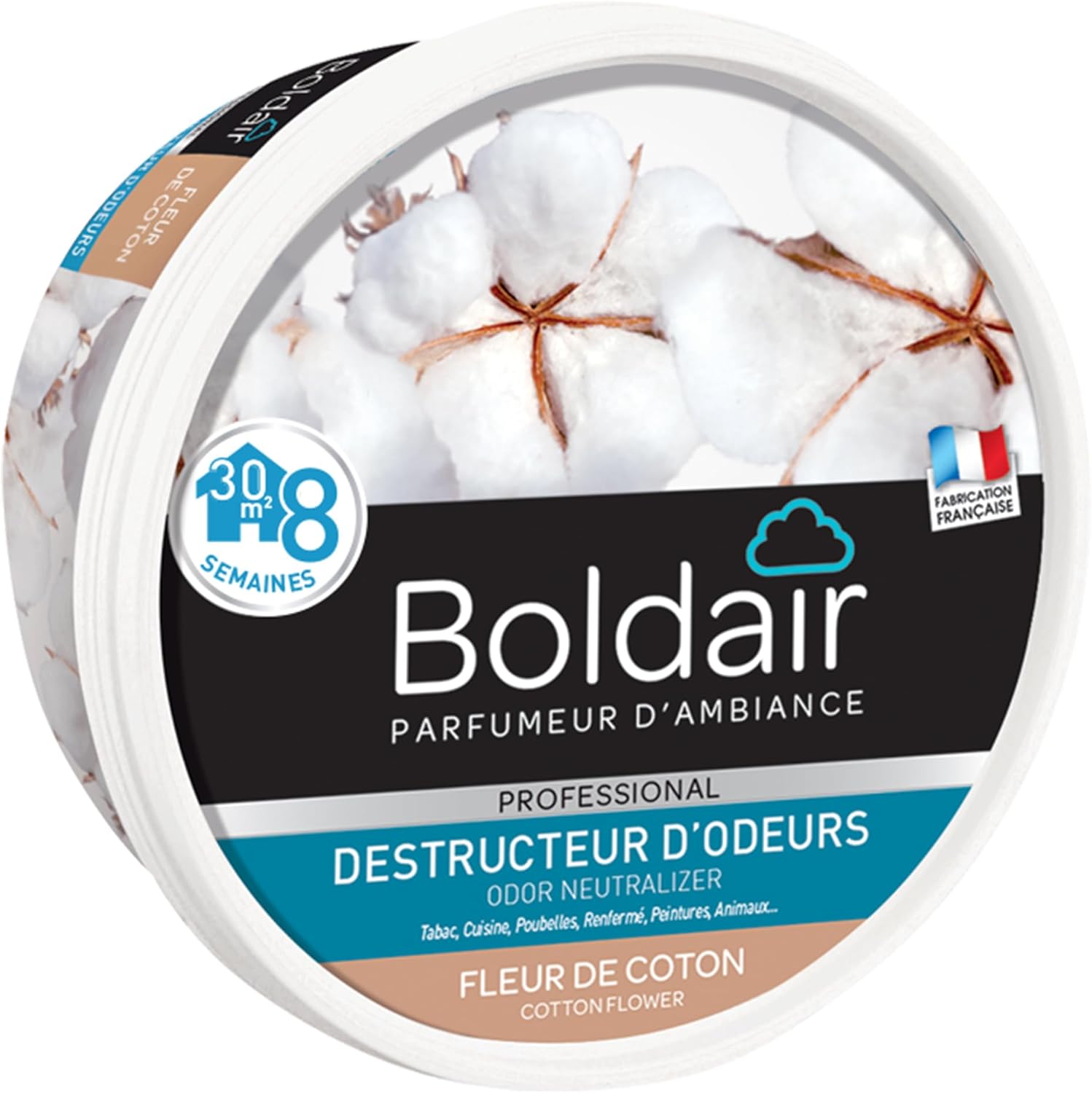BOLDAIR - Destructeur d'Odeurs en Gel Fleur de Coton - Neutralise les Mauvaises Odeurs & Parfume l'Air - Made in France - Boîte Diffuseuse 300 g