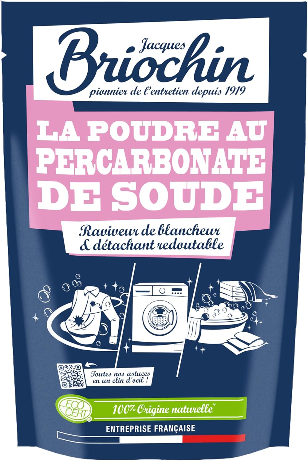 BRIOCHIN Poudre au percarbonate de soude 500g | Raviveur de blancheur, détachant puissant, élimine taches incrustées et linge jauni, ingrédients naturels, fabriqué en France