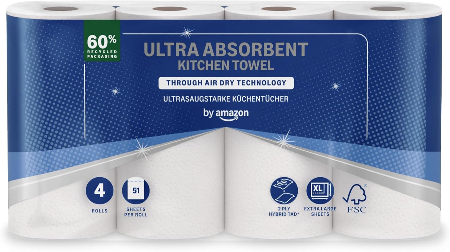 by Amazon Essuie-tout Ultra Absorbant à Séchage par Air Traversant, 4 Rouleaux (1 Paquet), 51 Feuilles par Rouleau, Certifié FSC