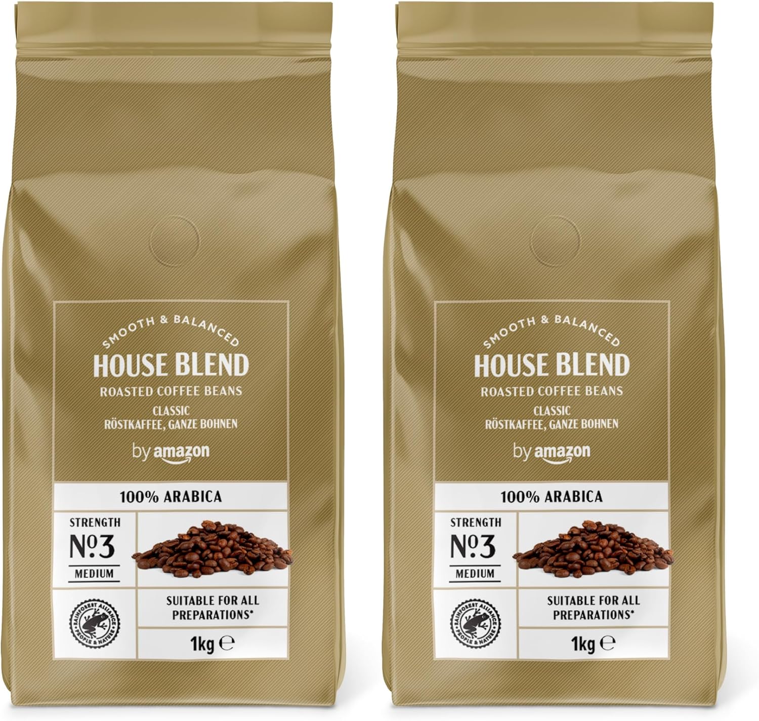 by Amazon House Blend Grains de café, 100% Arabica, Torréfaction Moyennement Poussée, 2kg, 2 lot de 1kg - Certifiés Rainforest Alliance