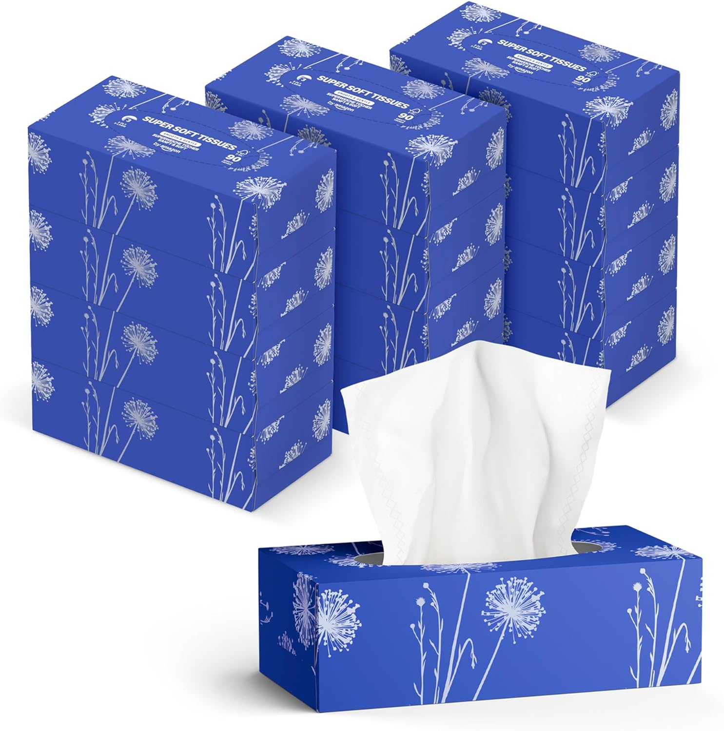 by Amazon Mouchoirs en Papier 3 Épaisseurs, 1 080 Feuilles (12 Paquets de 90 Feuilles)