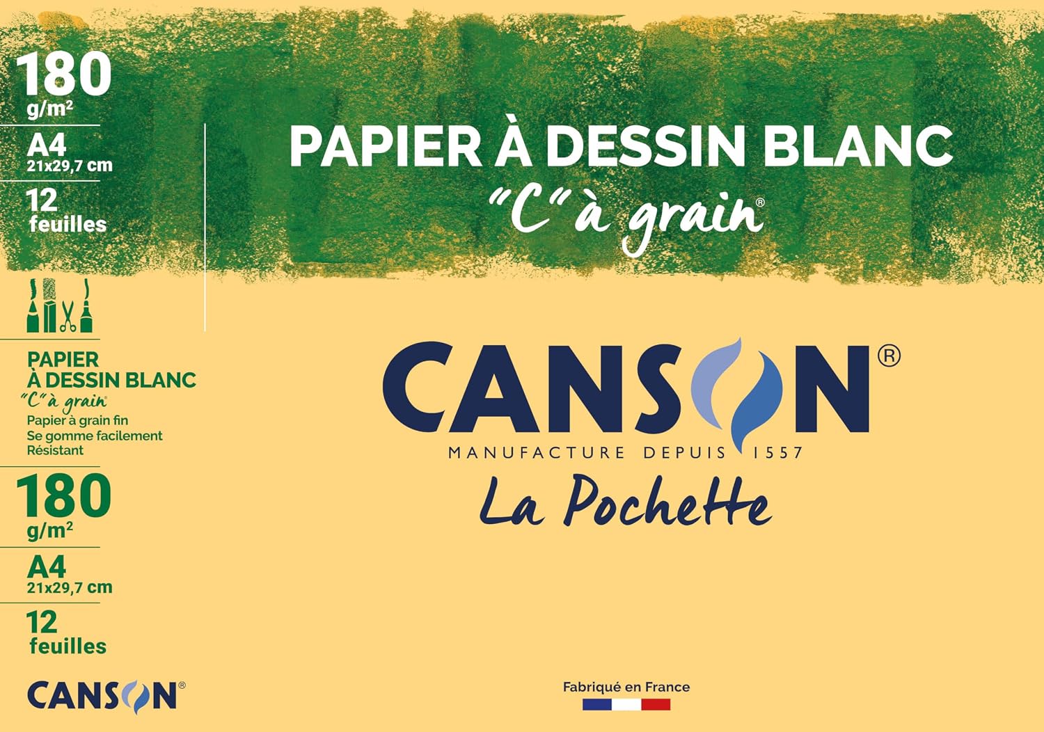 CANSON "C" à Grain - Pochette 12 feuilles de papier dessin blanc A4 - 180g/m²