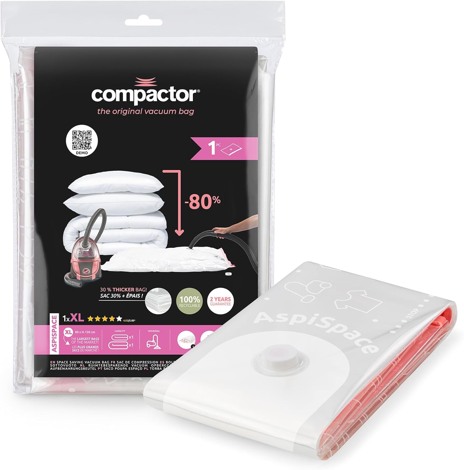 Compactor - Sac de rangement sous vide XL 130x80 cm - Grande capacité pour couettes, oreillers, vêtements - Utilisable avec aspirateur - Housse compression hermétique