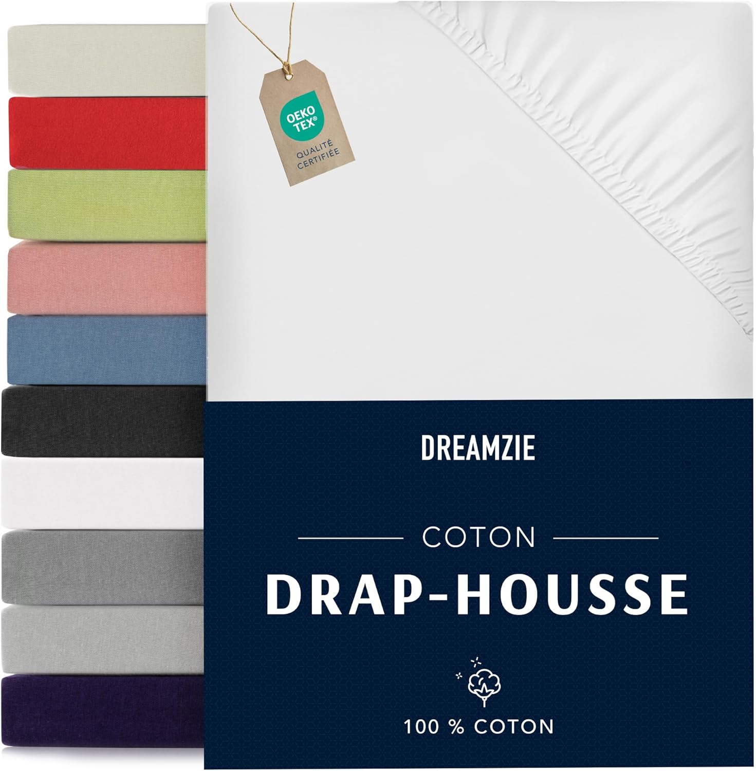 Dreamzie - Drap Housse 140x190/200 - Blanc - 100% Jersey Coton Certifié Oeko Tex - Drap-Housse 140x190/200