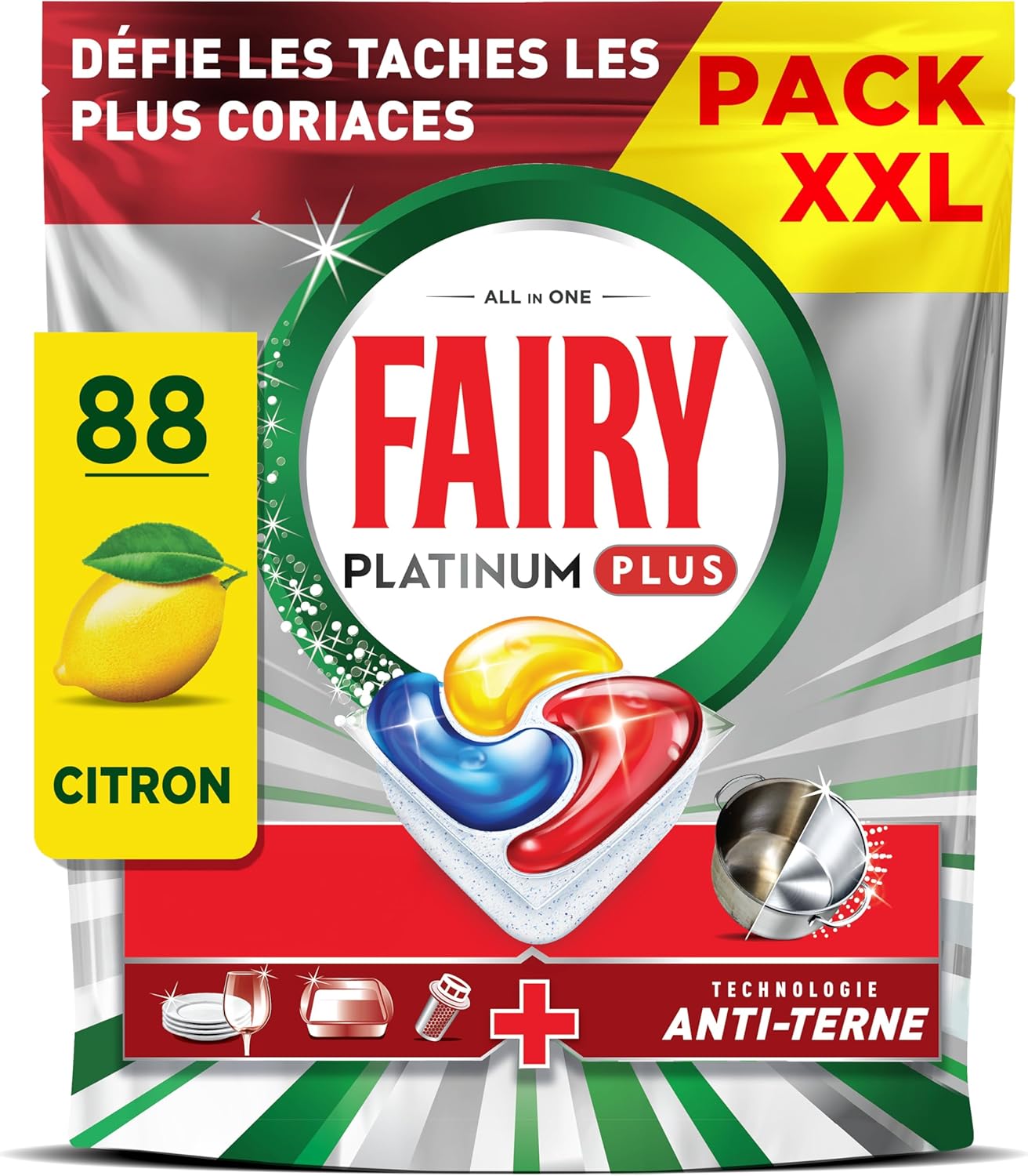 Fairy Platinum Plus Tablettes Lave-Vaisselle Tout-en-1, 88 Tablettes, Parfum Citron, Technologie Anti-Terne, Redonne l'Éclat, Prévient le Calcaire, Système Pré-Lavage Intégré, Efficace en Cycle Court