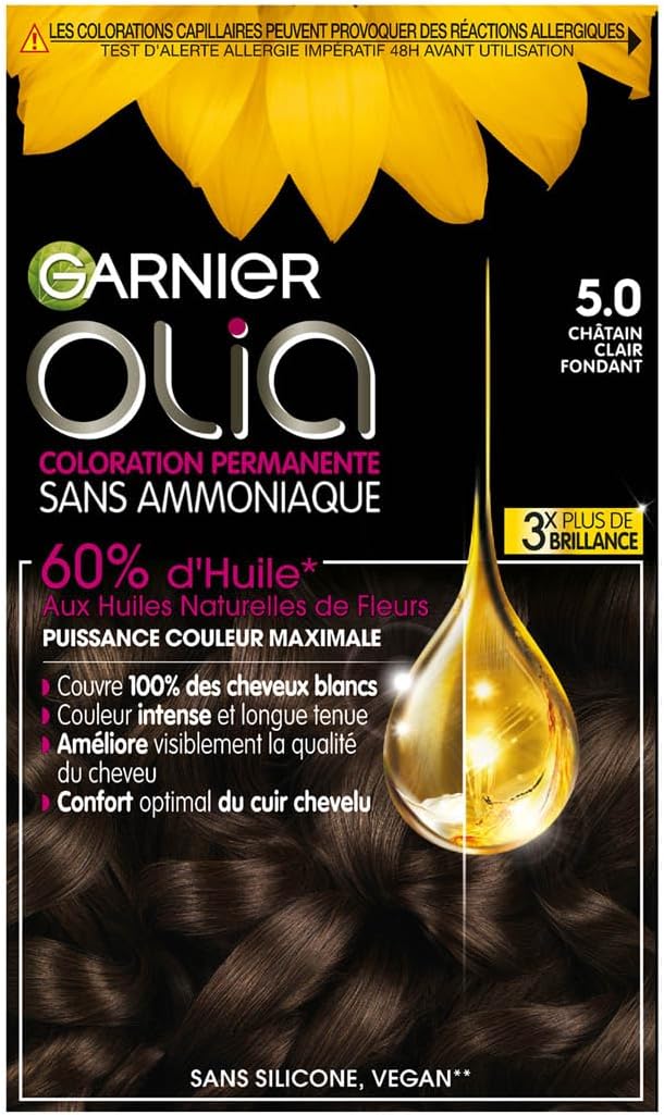 Garnier Coloration Permanente - Sans Ammoniaque - Aux Huiles Naturelles de Fleurs - Châtain Clair Fondant (5.0) - Olia
