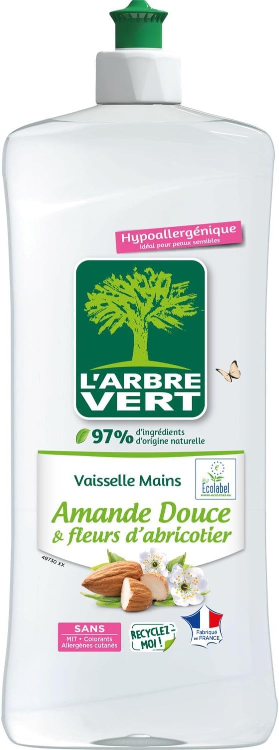 L'ARBRE VERT Vaisselle Mains Ecolabel Amande Douce & Fleurs D'Abricotier - Hypoallergénique - 97% d'ingrédients d'origine naturelle - 750mL