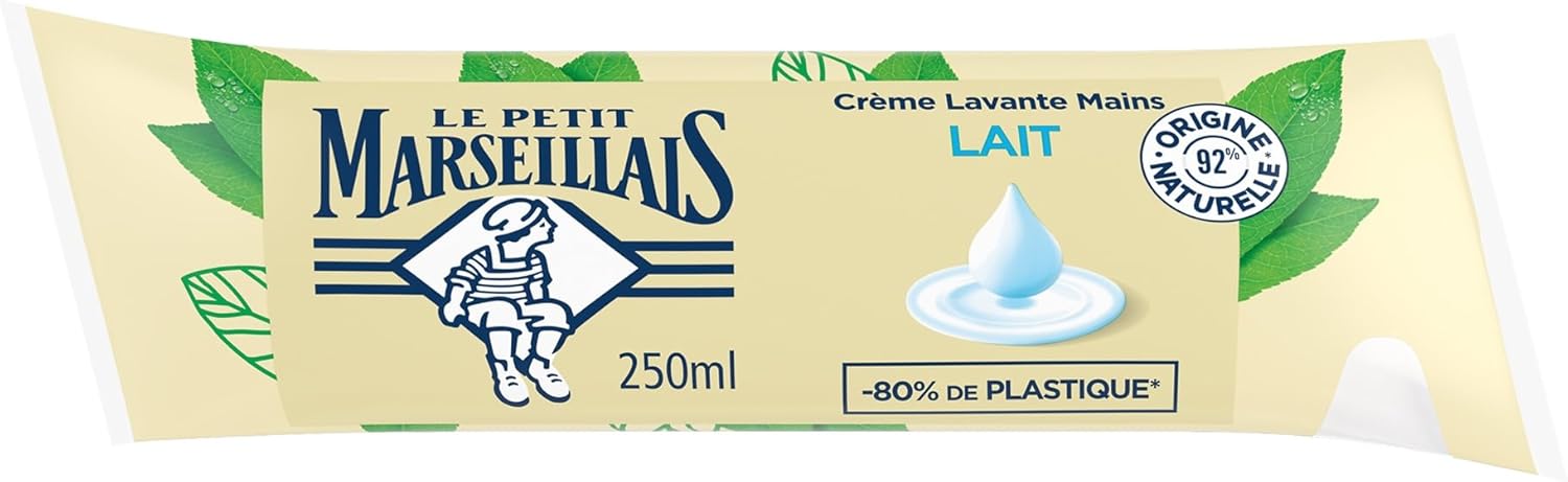 Le Petit Marseillais – Recharge Crème Lavante Mains Lait (berlingot de 250 ml) – Recharge savon liquide avec 92 % d'ingrédients d'origine naturelle – Savon mains au pH neutre pour la peau