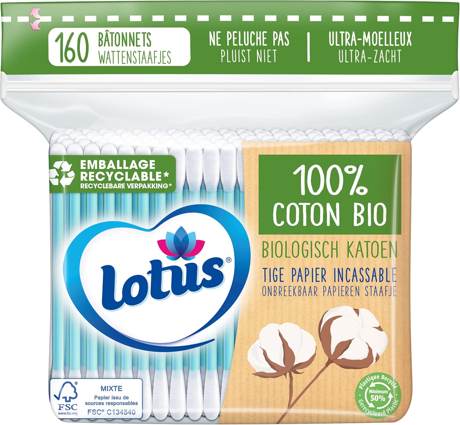 Lotus Coton-Tiges en Papier et Coton Bio - Sachet 160 Bâtonnets