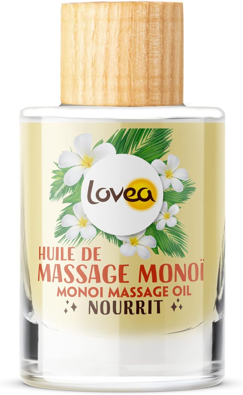 LOVEA - Huile de Massage Corps Multi-Usages - Monoï - Nourrit - Tous Types de Peaux - 97% d'Origine Naturelle - Sans Colorant - Vegan - Fabriqué en France - 50 ml