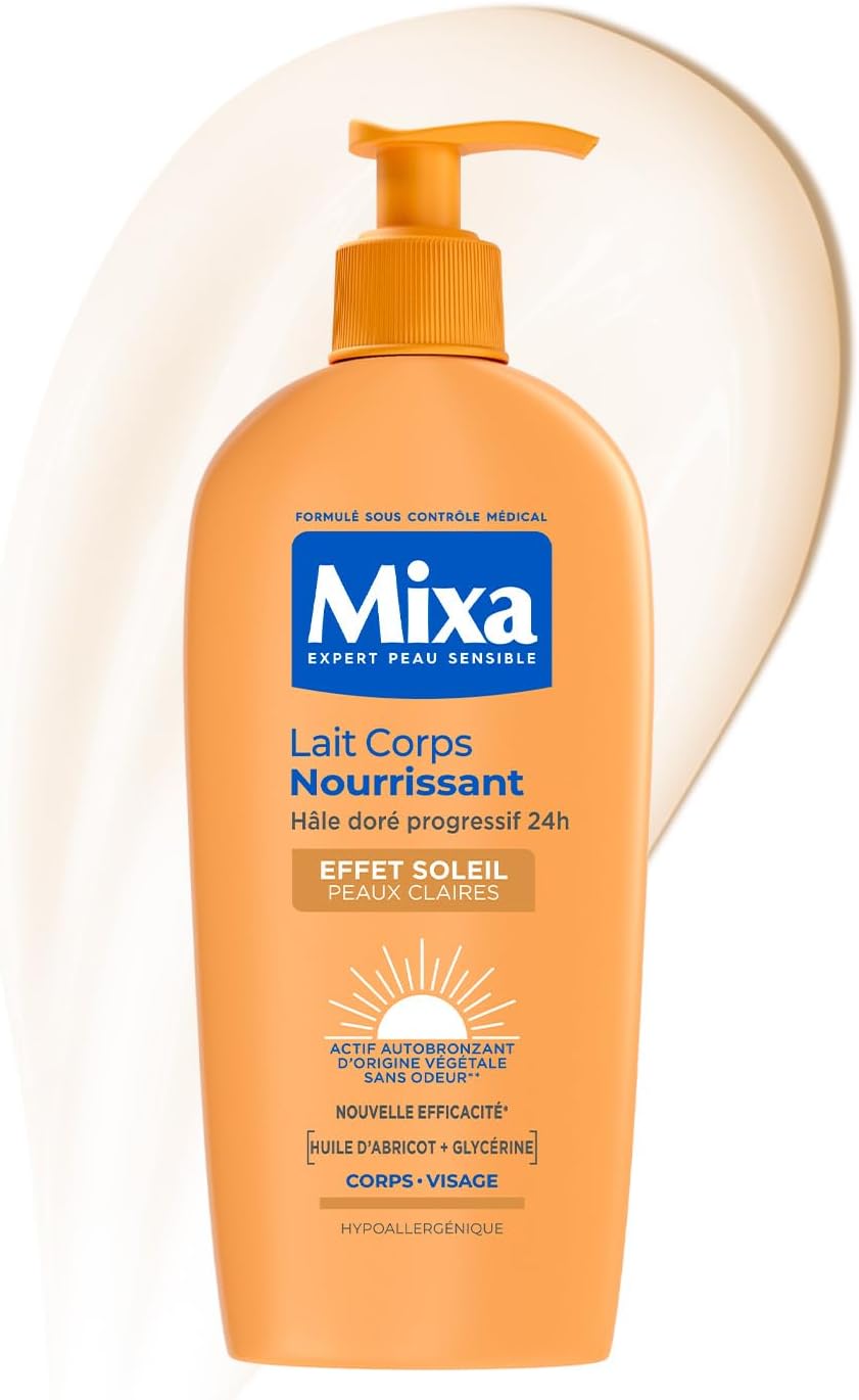 MIXA - Autobronzant - Lait Corps Nourrissant Effet Soleil - Hâle Doré Progressif 24H - Beurre de Karité & Huile d’Abricot - Peaux Claires - 250ml