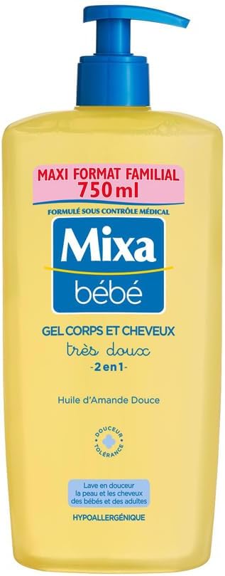 Mixa Bébé Gel 2 en 1 Corps et Cheveux Très Doux - À l'Huile d’Amande Douce -Hypoallergénique - pH Neutre - Maxi Format Familial 750 ml