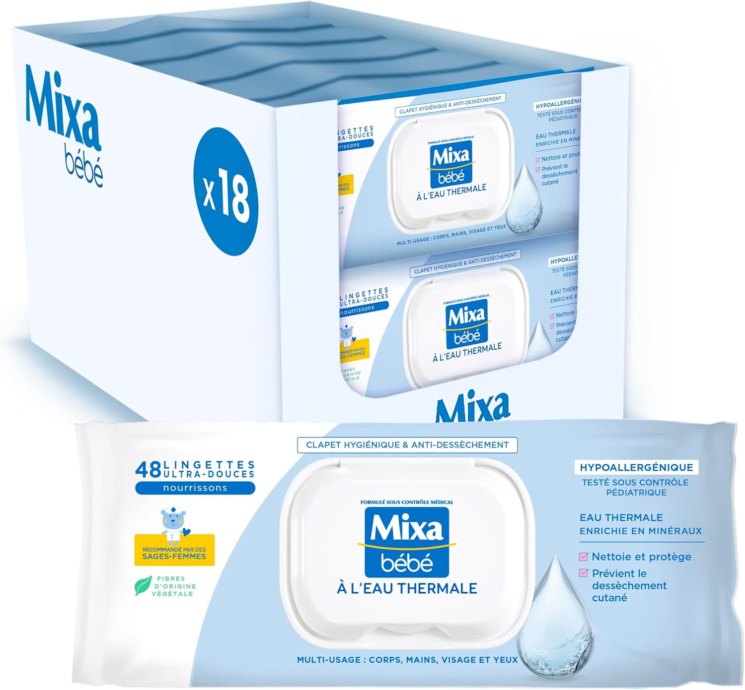 Mixa Lingettes Bébé à l’eau Thermale, Lot de 18 x 48 lingettes