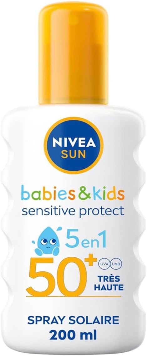NIVEA SUN Kids Spray solaire Protect & Play Sensitive FPS 50+ (1x200 ml), protection anti UV sans parfum & ultra résistante à l’eau, écran solaire enrichi en aloe vera
