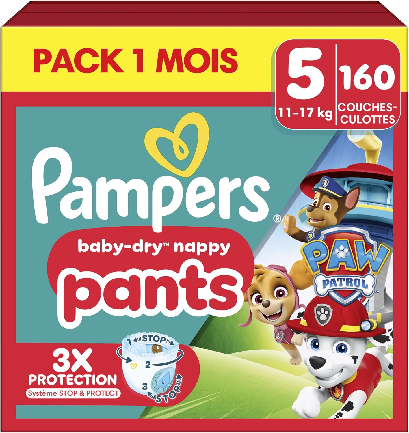 Pampers Baby-Dry Pants, Size 5, 160 Nappies, 11-17 kg, 360° Hold and Stop & Protect Pocket to the Rescue Against Leaks, Limited Edition with Paw Patrol, Pack 1 Month