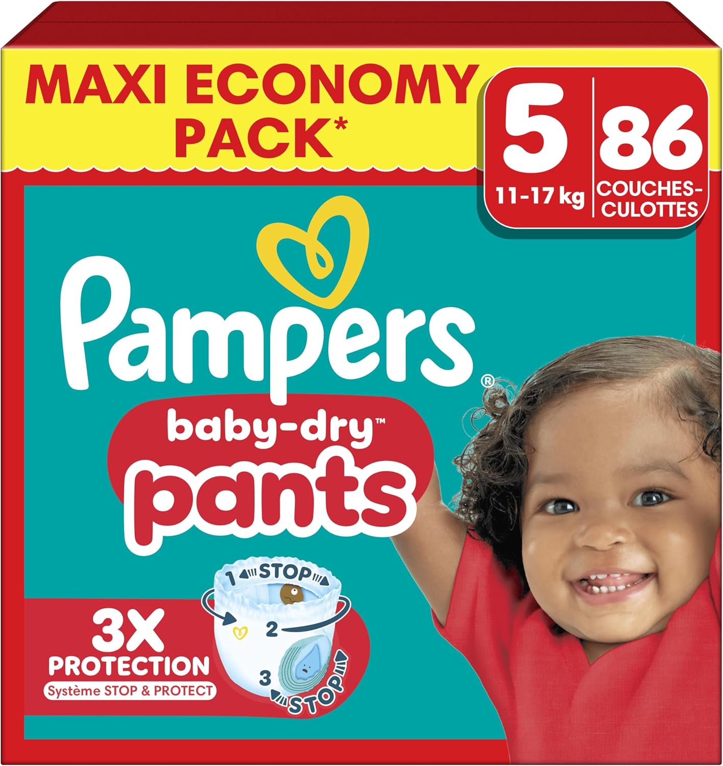 Pampers Baby-Dry Pants Taille 5, 86 Couches-Culottes, 11kg-17kg, Maintien 360° Pour Aider À Éviter Les Bâillements et Les Fuites