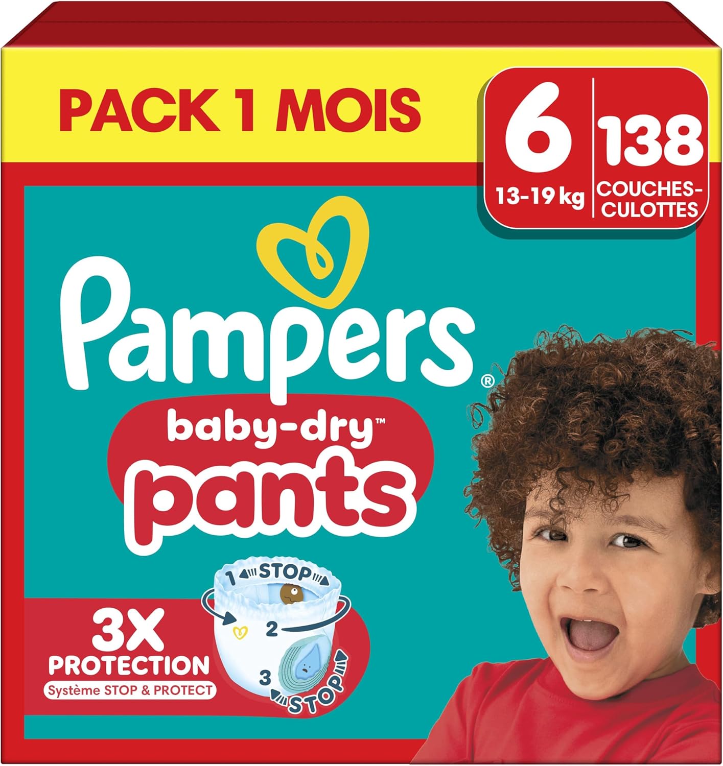 Pampers Baby-Dry Pants, Taille 6, 138 Couches-Culottes, 14-19kg, Maintien 360° Contre Les Fuites Avec Une Poche Stop & Protect Pour Une Nuit Jusqu'à 100% Sans Fuites, Pack 1 Mois