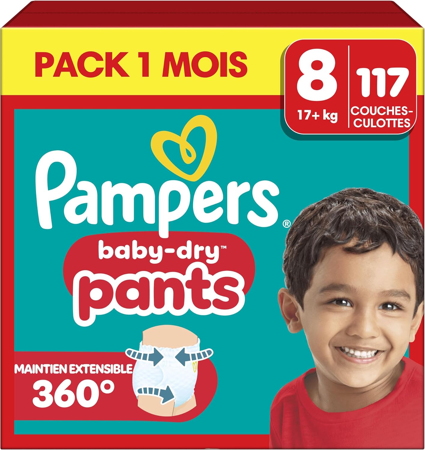 Pampers Baby-Dry Pants, Taille 8, 117 Couches-Culottes, 19kg+, Maintien 360° Contre Les Fuites Pour Un Ajustement Optimal Pour Éviter Les Bâillements Et Les Fuites, Pack 1 Mois