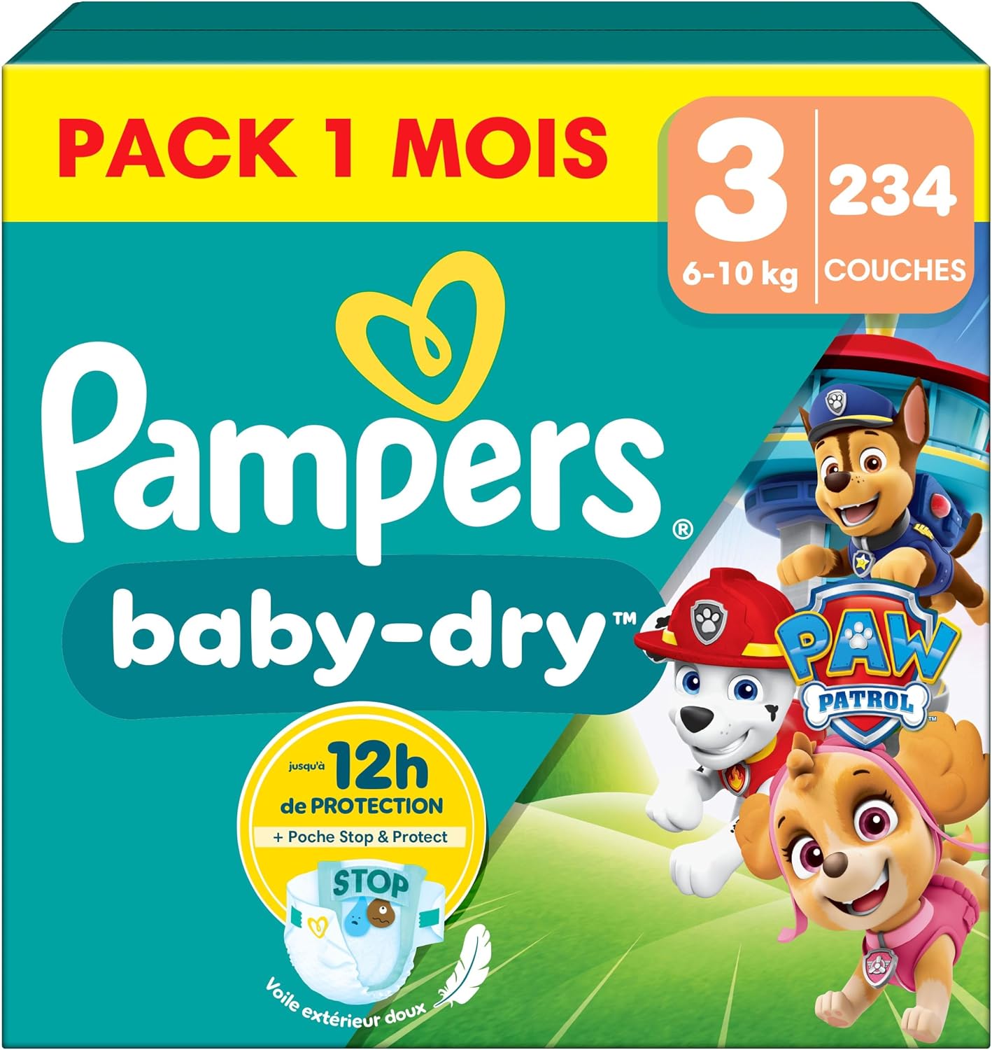 Pampers Baby-Dry, Taille 3, 234 Couches, 6-10kg, A La Rescousse Contre Les Fuites Grâce A Une Protection Intégrale Jusqu'à 12h, Edition Limitée avec La Pat’Patrouille, Pack 1 Mois