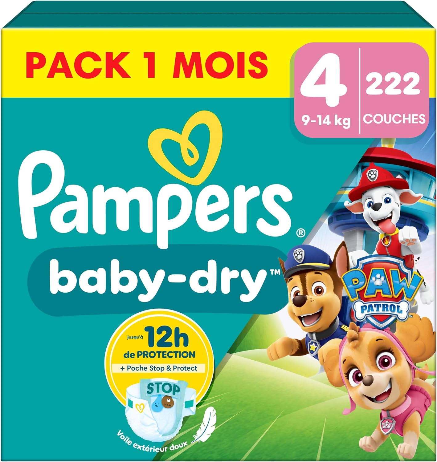 Pampers Baby-Dry, Taille 4, 222 Couches, 9-14kg, A La Rescousse Contre Les Fuites Grâce A Une Protection Intégrale Jusqu'à 12h, Edition Limitée avec La Pat’Patrouille, Pack 1 Mois