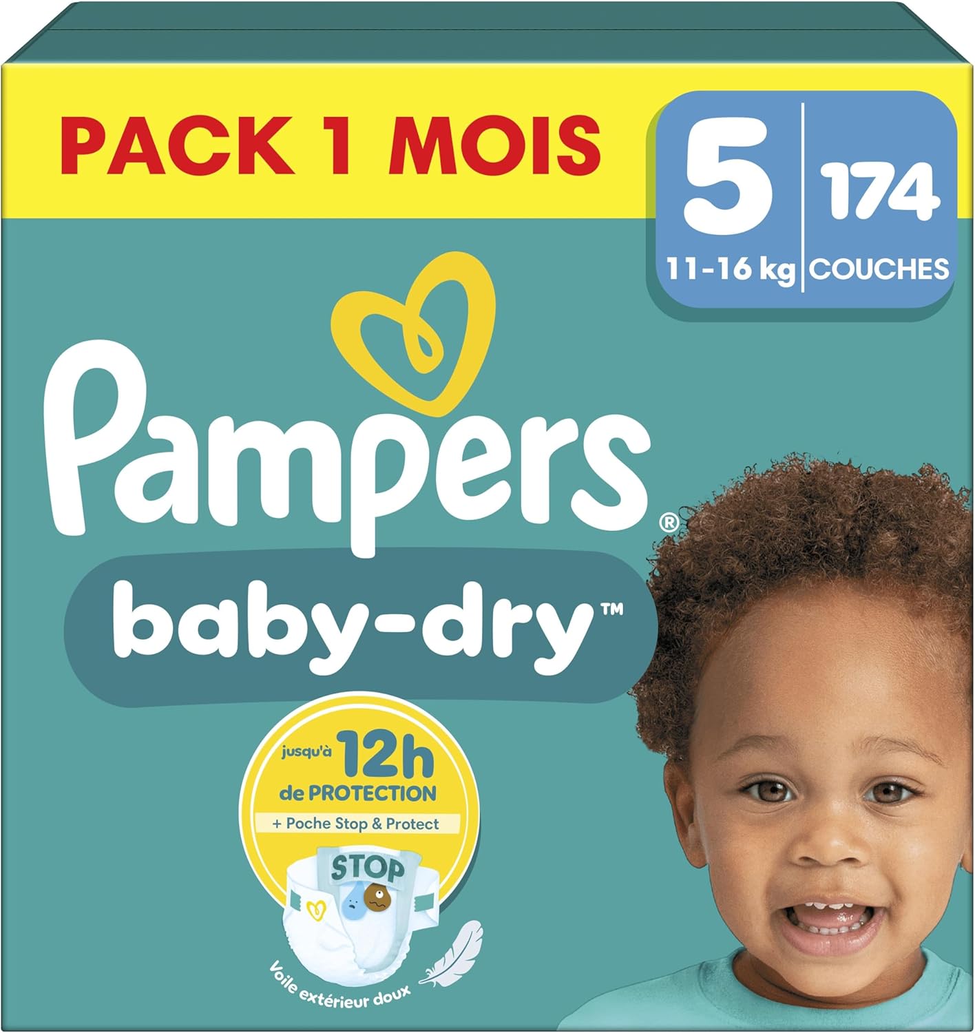 Pampers Baby-Dry, Taille 5, 174 Couches, 11-16kg, Une nuit jusqu'à 100% sans fuites avec la Poche Stop & Protect à l’arrière de la couche, Pack 1 Mois