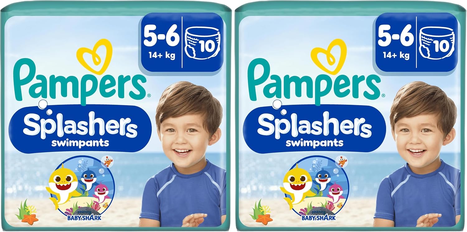 Pampers Culottes de Bain Splashers Taille 5-6 (14+ kg), 10 Couches-Culottes Bébé, Edition Baby Shark, Pour Une Protection Optimale Dans l'Eau (Lot de 2)
