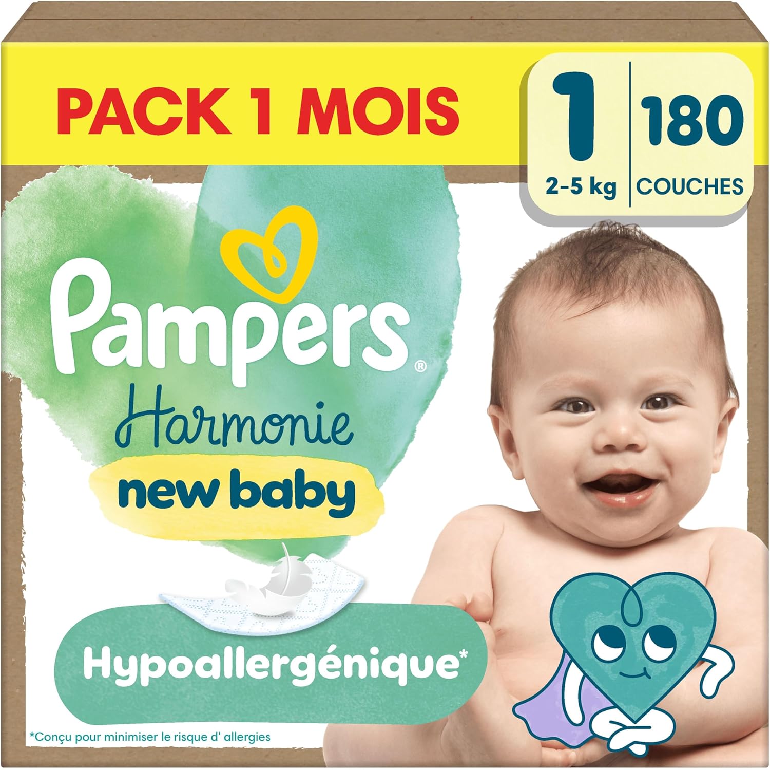 Pampers Harmonie Couches Édition Limitée, Taille 1, 180 Couches, 2kg-5kg, Conçues Pour Les Peaux Les Plus Sensibles, Pack 1 Mois