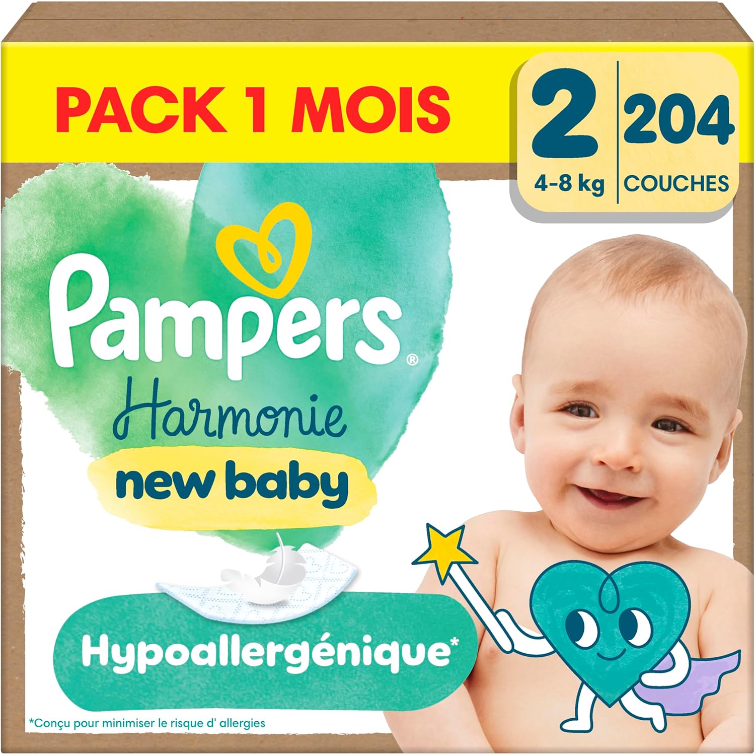 Pampers Harmonie Couches Édition Limitée, Taille 2, 204 Couches, 4kg-8kg, Conçues Pour Les Peaux Les Plus Sensibles, Pack 1 Mois