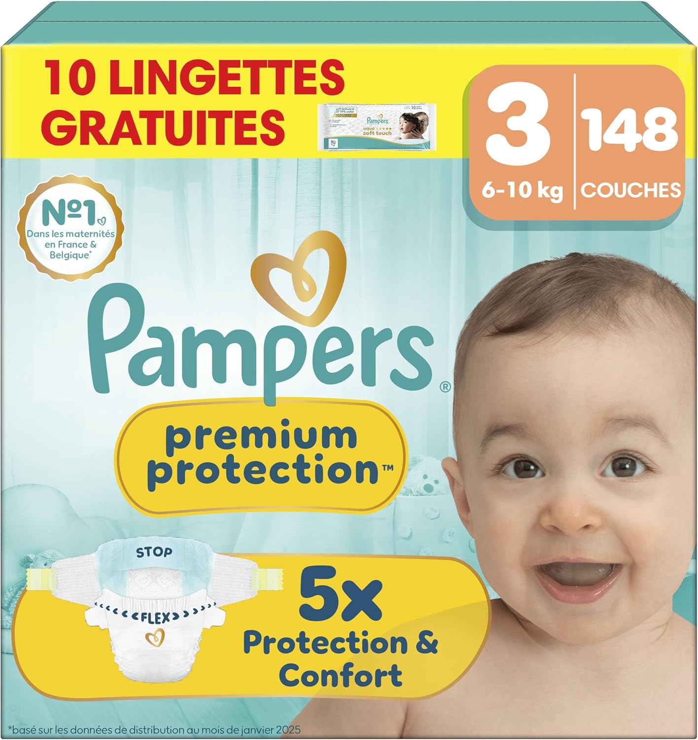 Pampers Premium Protection Taille 3, 148 Couches, 6kg-10kg, Notre N°1 Pour La Protection De La Peau Et Contre Les Fuites, Pack 1 Mois + 10 Lingettes Aqua Soft Touch Offertes