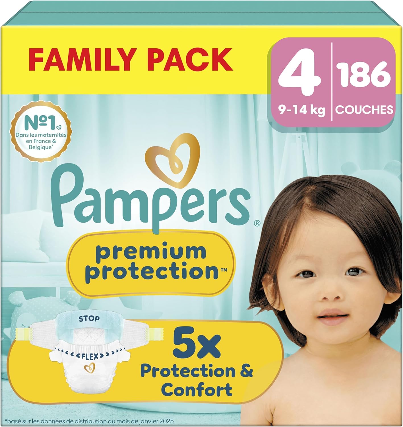 Pampers Premium Protection Taille 4, 186 Couches, 9kg-14kg, Notre N°1 Pour La Protection De La Peau Et Contre Les Fuites, Family Pack