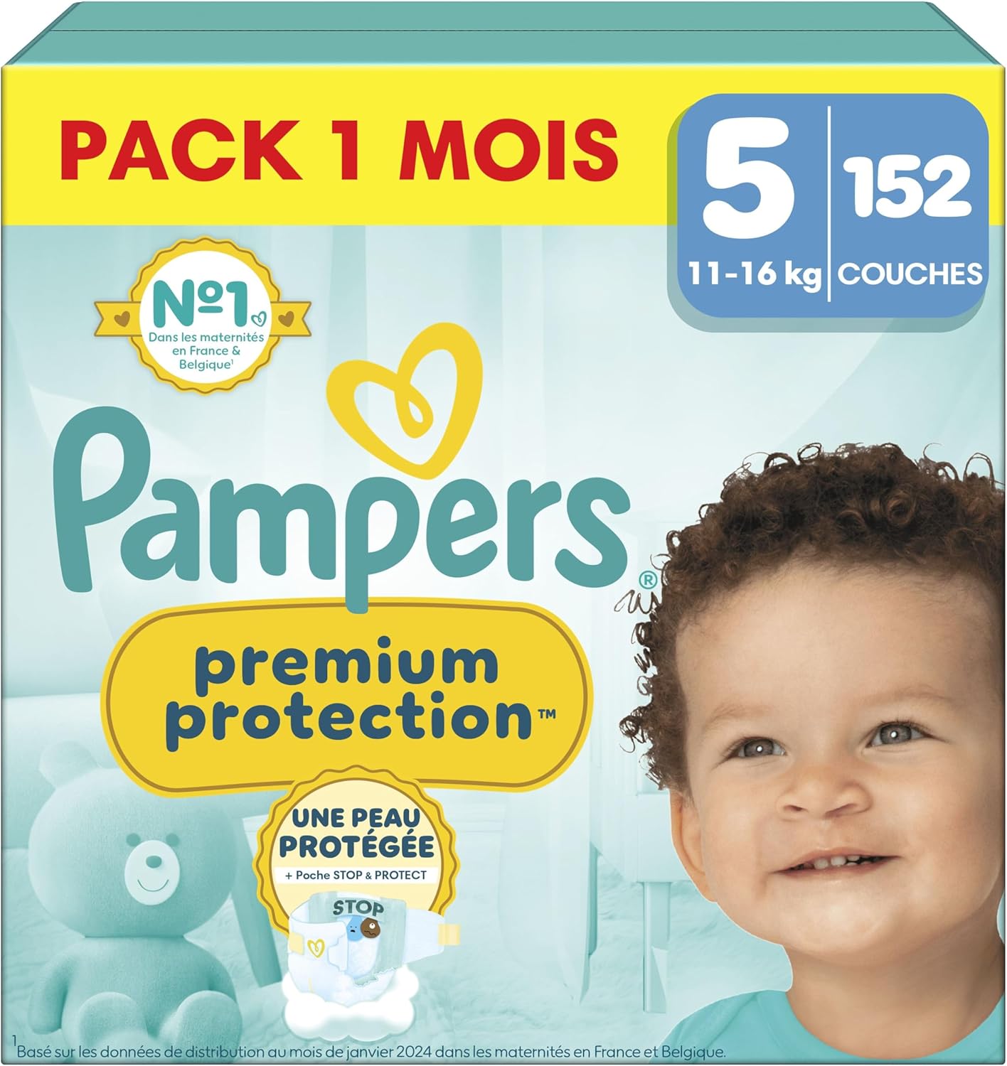Pampers Premium Protection, Taille 5, 152 Couches, 11-16kg, Double Protection pour la peau et contre les fuites Avec Poche Stop & Protect pour aider à capturer les Fuites, Pack 1 Mois