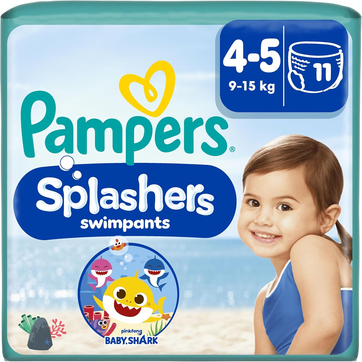 Pampers Splashers, Taille 4-5, 11 Couches-Culottes de Bain Jetables, 9-15kg, Le Confort D'un Maillot De Bain Et La Protection Pampers Optimale dans l'Eau, Edition Limitée Baby Shark