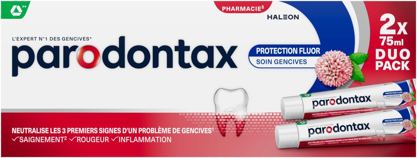 PARODONTAX - Dentifrice Protection Fluor - Aide à Améliorer la Santé des Gencives, à Conserver une Haleine Fraiche & à Lutter Contre les Caries - Agit Contre la Plaque Dentaire - 2 x 75 ml