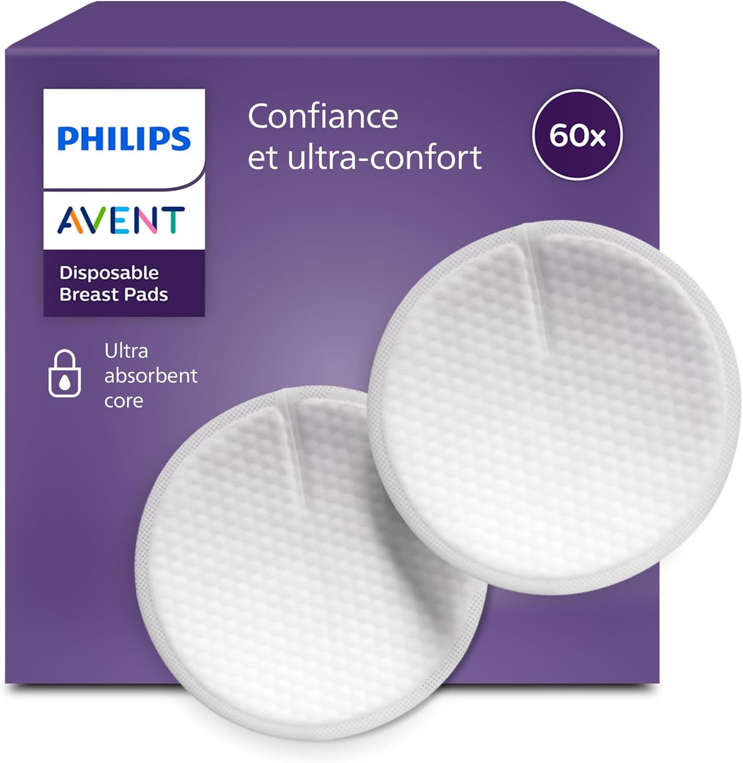 Philips Avent Coussinets d’allaitement jetables – absorption triple épaisseur, anti-fuites, texture alvéolée toucher douceur, ultra-fins et discrets, emballage individuel, 60 pièces, SCF254/61