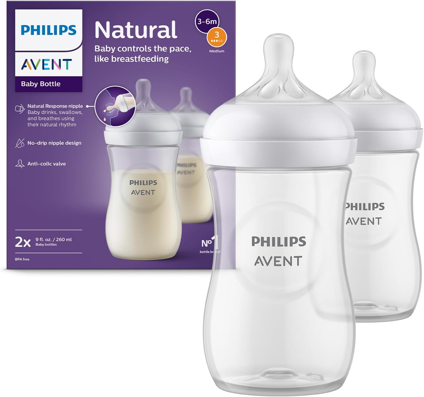Philips Avent Lot de 2 biberons à Réponse Naturelle de 260 ml, sans BPA, pour les bébés de 3 mois et plus (modèle SCY903/02)