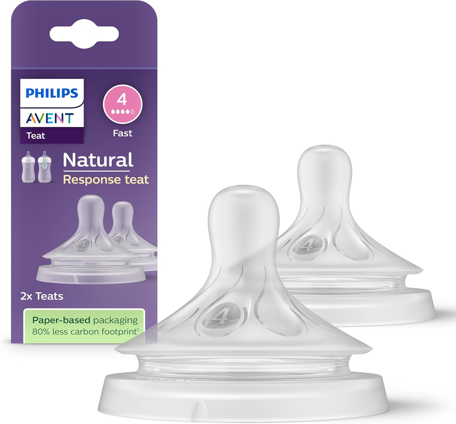 Philips Avent Lot de 2 tétines pour biberon à Réponse Naturelle 0% BPA, Débit 4 pour Bébé de 3 mois + (modèle SCY964/02)