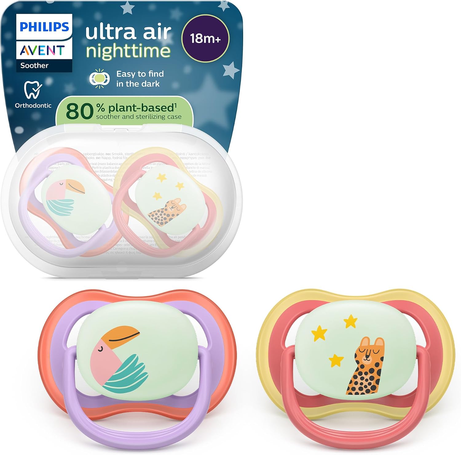 Philips Avent Sucettes de nuit ultra air - Tétines orthodontiques, pour bébés de 18 mois et plus, phosphorescentes, en silicone ultra-ferme d'origine végétale, sans BPA, lot de 2, SCF376/33