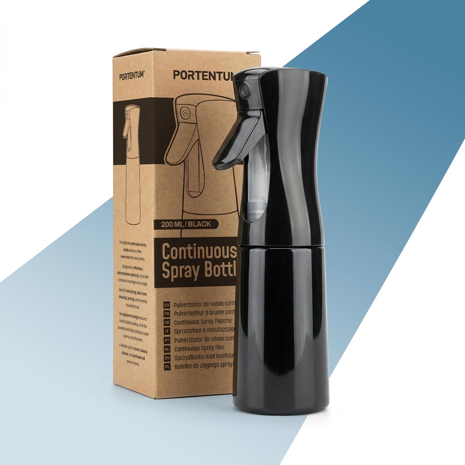 PORTENTUM Vaporisateur cheveux 200 ml – Pulverisateur d’eau à brume fine avec pulvérisation continue – Design ergonomique – Brumisateur rechargeable spray vide pour cheveux, plantes et nettoyage