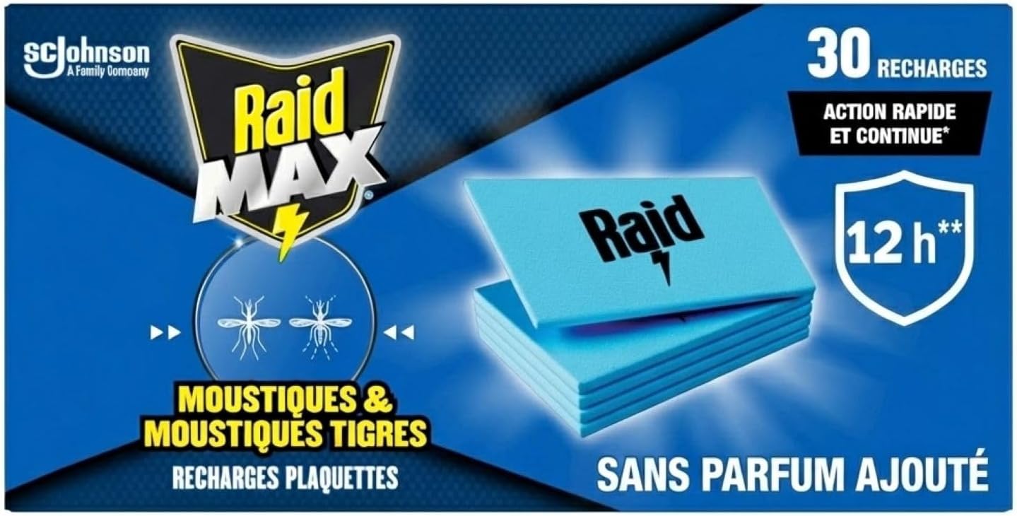 Raid Max Recharges Diffuseur Electrique Plaquettes - Anti-Moustiques et Moustiques Tigres - Protection Efficace - Sans Parfum - 30 Recharges