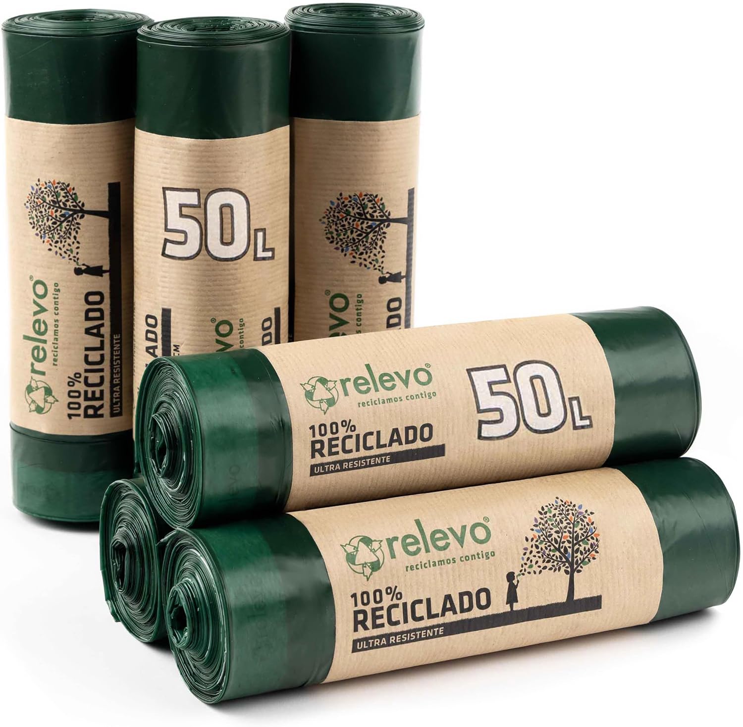 Relevo Sacs Poubelle Verts avec Liens Coulissants – 50L (Largeur 70 cm x Hauteur 75 cm), 60 Sacs (6 Rouleaux × 10 Sacs) | Sacs Poubelle Extra Résistants | 100% PEBD Recyclé | Certifié Blue Angel