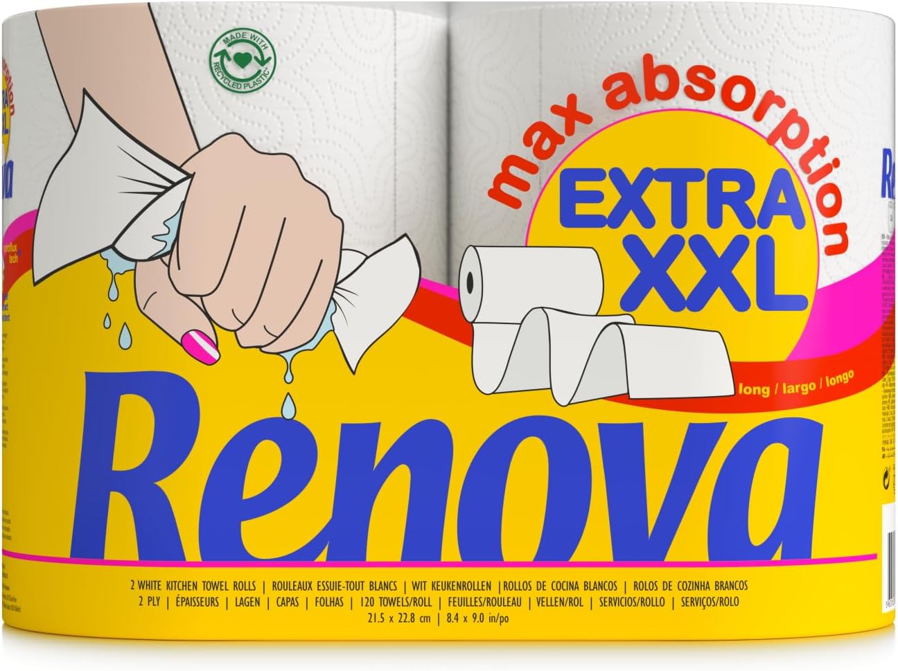 Renova Essuie-tout Extra XXL 2 plis blanc, 1 rouleau XXL = 3 rouleaux standard, 2 rouleaux