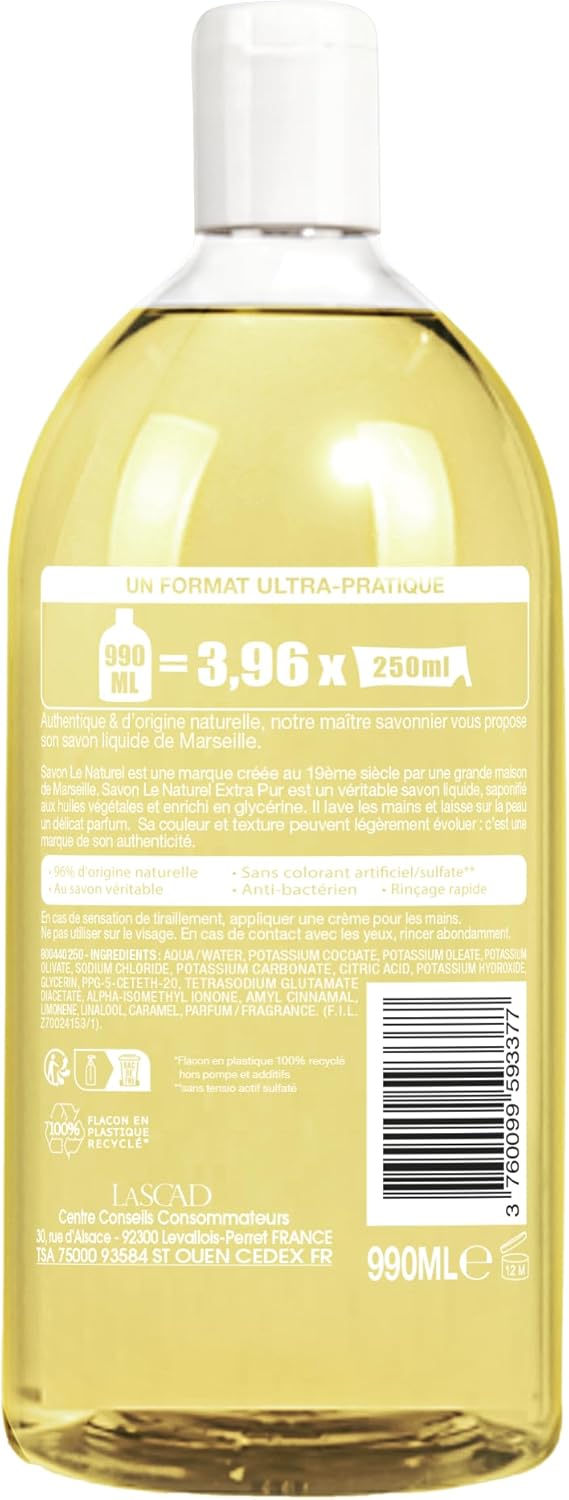 Savon Le Naturel - Savon Liquide Extra Pur de Marseille - Grand Format Recharge - Origine Naturelle - Huiles Végétales et Glycérine - Tous Types de Peau - Sans Colorants - Antibactérien - 1 L