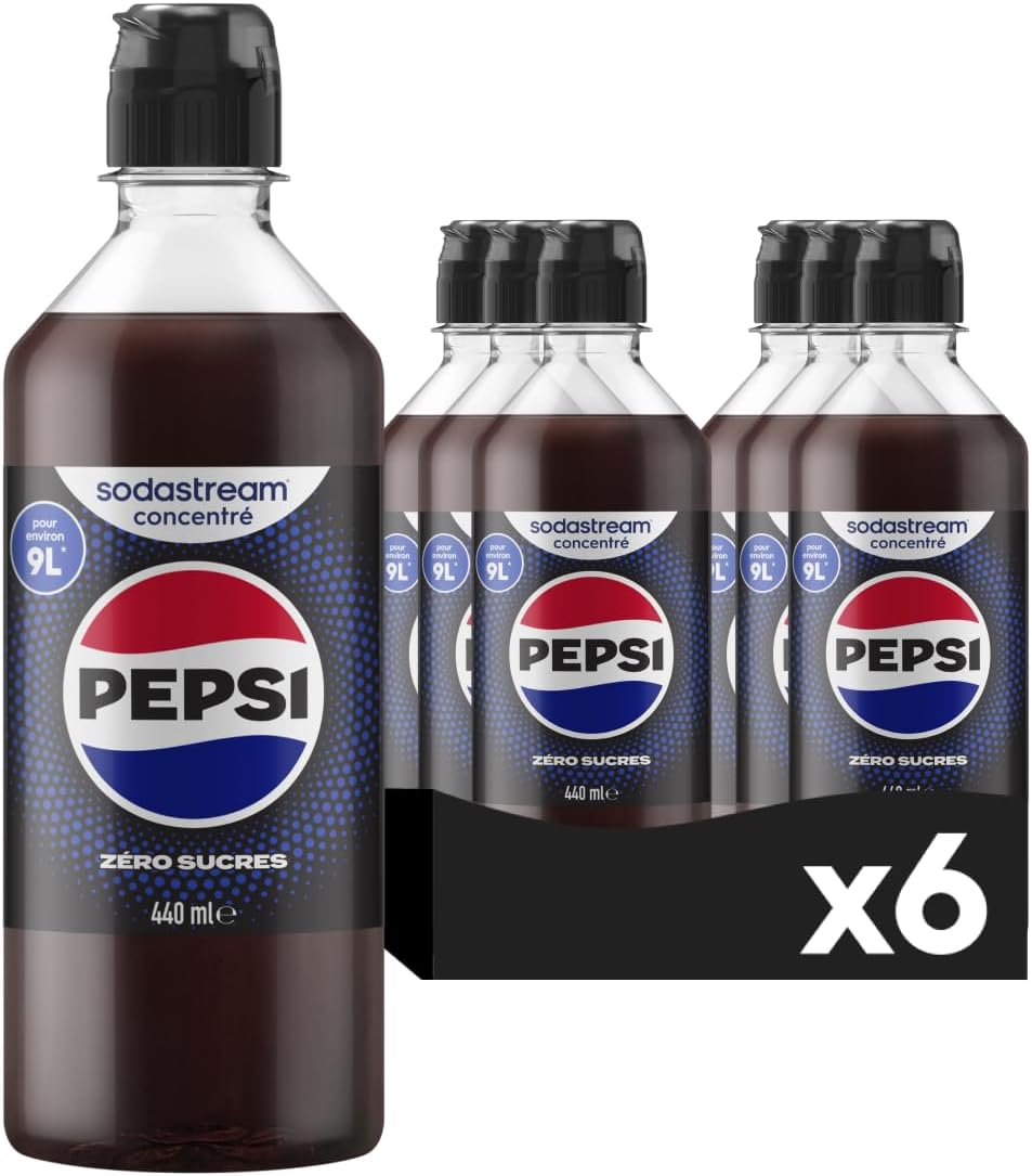 Sodastream Lot de 6 Concentrés Pepsi Zéro Sucres pour Machine à Eau Pétillante et Soda | Préparez jusqu'à 9 Litres de Pepsi en Quelques Secondes, Goût Original, 440ml