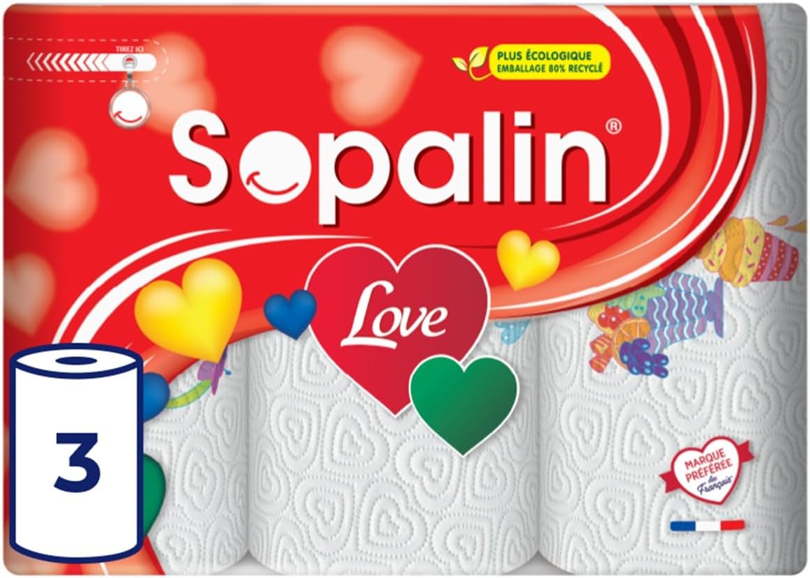 Sopalin Love, 3 Rouleaux d'Essuie-tout Cuisine, 2 Plis | 47 Feuilles par Rouleau, Décoré avec une Texture en forme de Cœur, Blanc