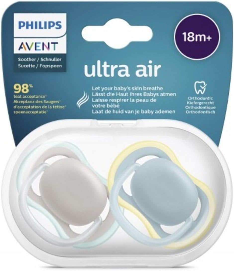 Sucette ultra air Philips Avent, pour 18 mois et +, téterelle ultra-ferme, orthodontique et 0% BPA, 2 pièces, avec boîtier de stérilisation et de transport, SCF349/01