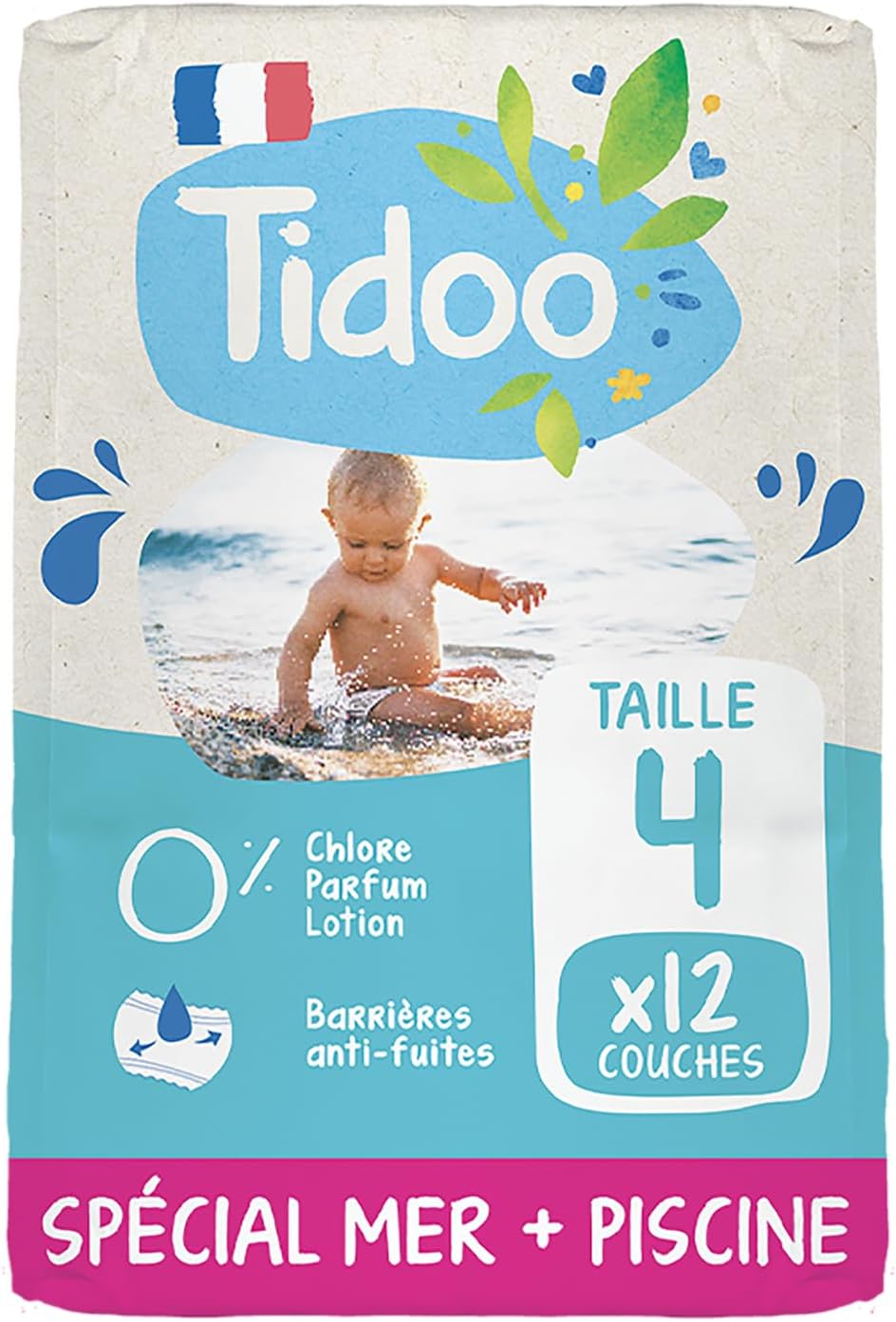 TIDOO Swim & Play - Couches Culottes de Bain T4 (8-15kg) x12 - Anti-Fuites - Facile à enfiler - Ne gonfle pas dans l’eau - Fabriquée en France